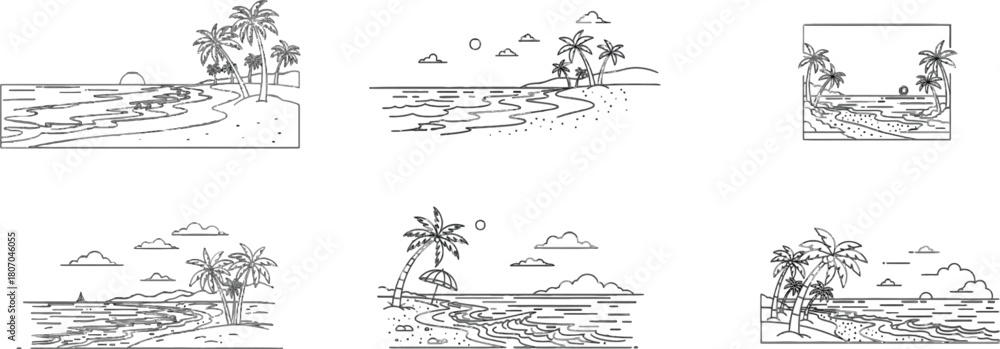 Obraz premium Set of minimalist beach scenes with palm trees in linear style outlines