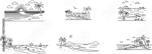 Serene Seaside Sketches Collection of Line Art Tropical Beach Scenes