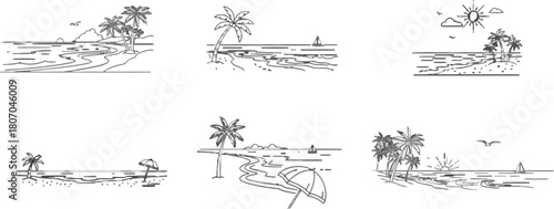 Line Art Collection of Tropical Beach Scenes with Palm Trees and Sailboats