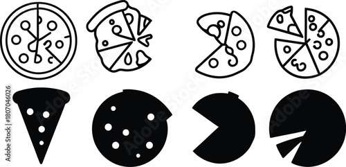 cheese pizza icon set silhouette style minimal vector art illustration on a white background

