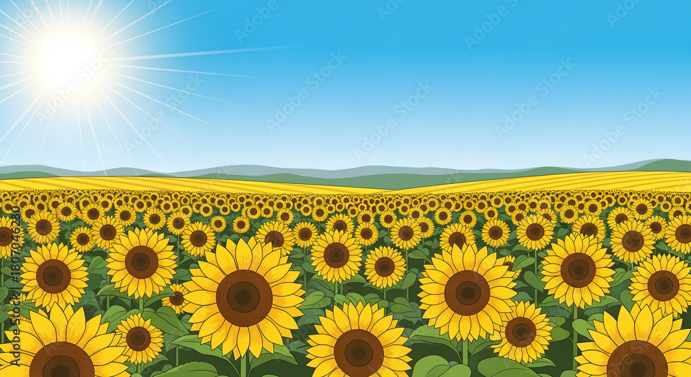 Fototapeta premium Vast Sunflower Field Under Bright Summer Sun Background