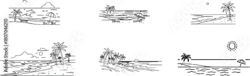 Minimalist beach scene collection featuring palm trees and tropical elements