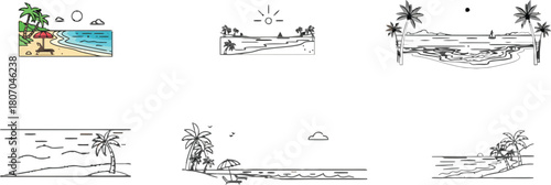 Collection of minimalist tropical beach scene illustrations in vector format