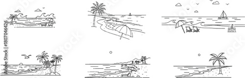 Minimalist Beach Scenery Vector Set: Summer Vacation Line Art Collection