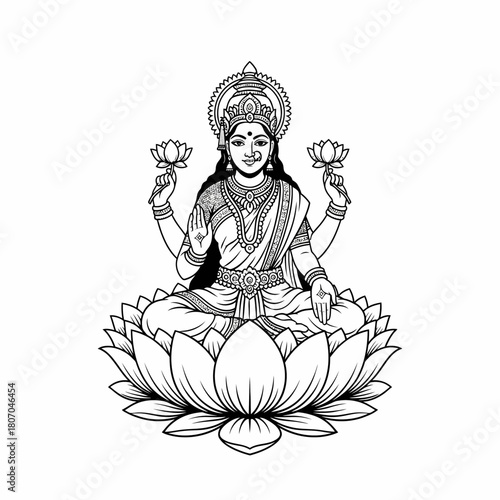 A serene black and white illustration of the Hindu goddess Lakshmi seated on a large lotus flower, holding lotuses and bestowing blessings.