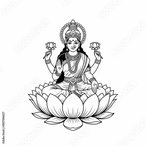 A serene black and white illustration of the Hindu goddess Lakshmi seated on a blooming lotus, holding flowers and bestowing blessings.