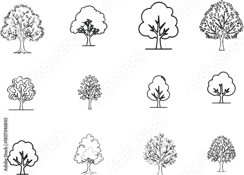 Collection of Tree Outline Illustrations in Varied Styles and Forms