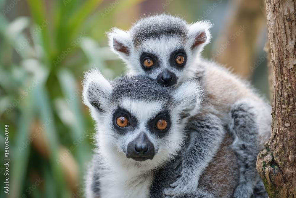 Obraz premium Close-up of two ring-tailed lemurs, one atop the other