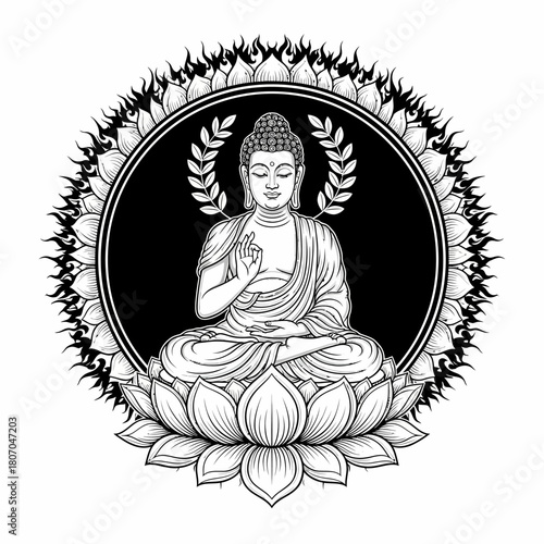A serene illustration of Gautama Buddha meditating in the lotus position on a lotus flower, framed by an ornate circular halo.