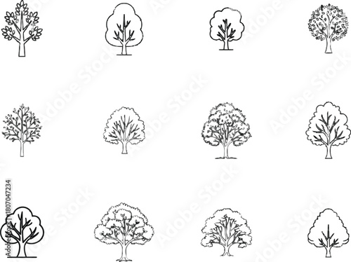 Elegant tree outlines set, artistic botanical icons, various species silhouette