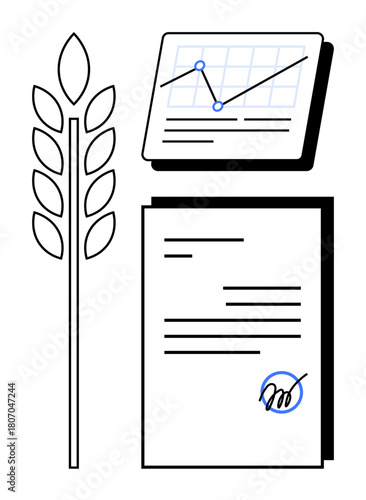 Wheat stalk, signed contract, and analytics chart representing farming agreements, financial planning, sustainability, and resource management. Ideal for agriculture, business, economy growth