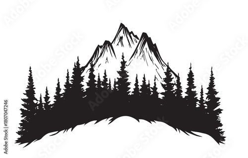 Minimalistic black vector illustration of a forest mountain silhouette.