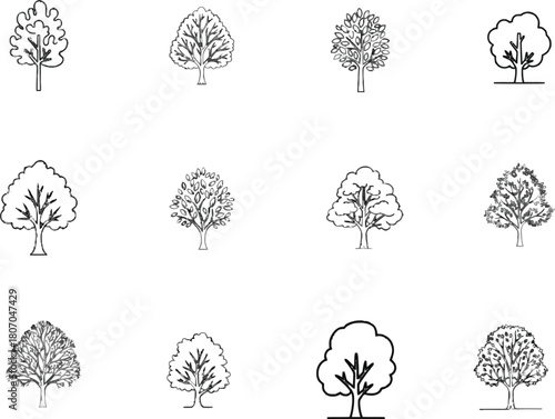 Collection of stylized tree illustrations in various forms and foliage designs