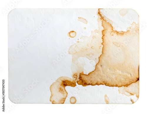 White rectangular paper card with brown coffee stains rings and splashes on isolated background