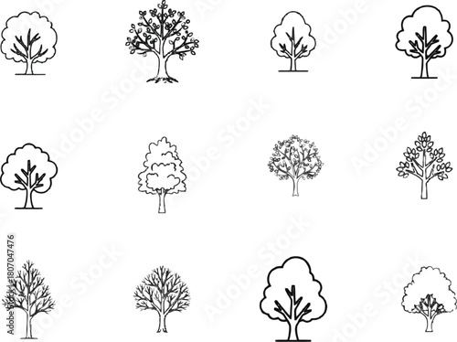 Doodle tree illustrations showcasing diverse foliage outlines in simple design