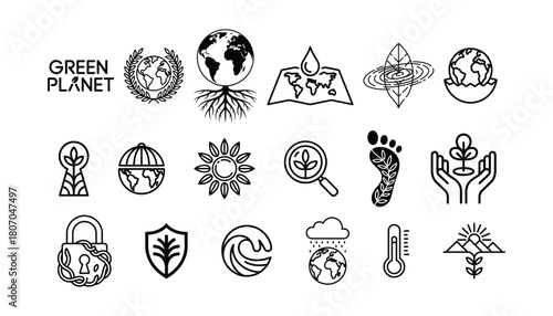 Green planet ecology and nature conservation line icon set