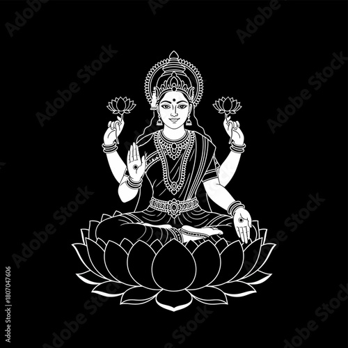 An elegant white line art illustration of the Hindu goddess Lakshmi sitting gracefully on a lotus flower.