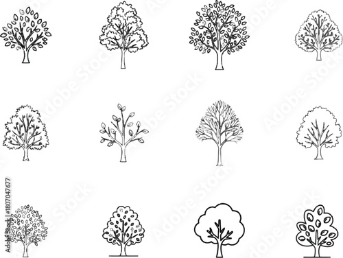 Diverse assortment of hand-drawn tree illustrations on a white background