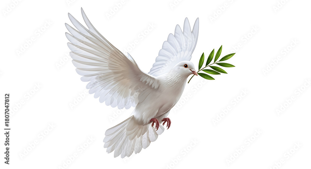 Fototapeta premium A symbolic white dove holding an olive twig, flying freely as a messenger of peace and spirituality, rendered as a detailed illustration