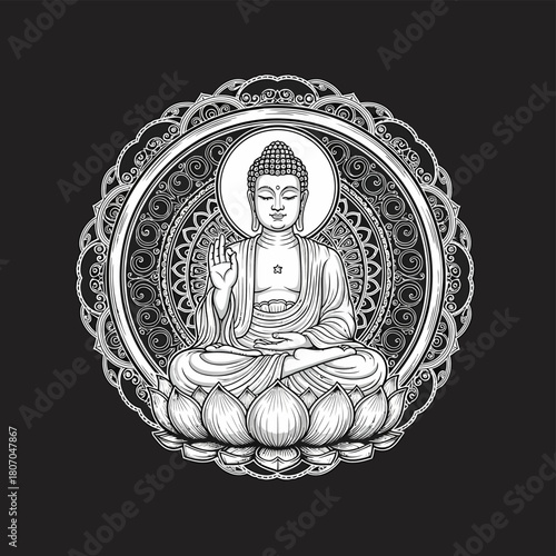 A detailed black and white illustration of the Buddha meditating on a lotus flower within an ornate mandala.