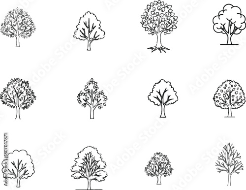 Collection of hand-drawn tree silhouettes for ecological and botanical designs
