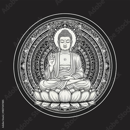 Intricate black and white illustration of Buddha meditating on a lotus flower within a detailed mandala circle.