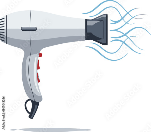 Stylized hair dryer illustration generating currents of warm flowing air
