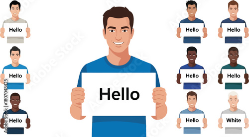 Diverse group of people holding a Hello sign welcoming visitors concept