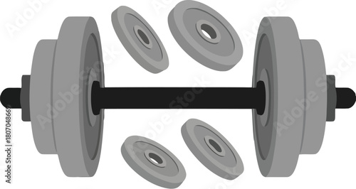 Dynamic dumbbell illustration with flying weights, fitness training concept