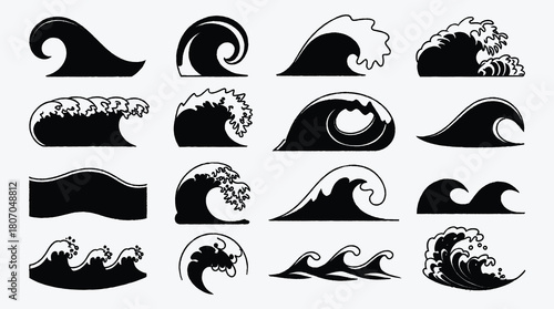 Set of different stylized black sea waves vector illustration graphic