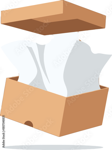 A minimalistic illustration of an open cardboard box filled with tissue paper