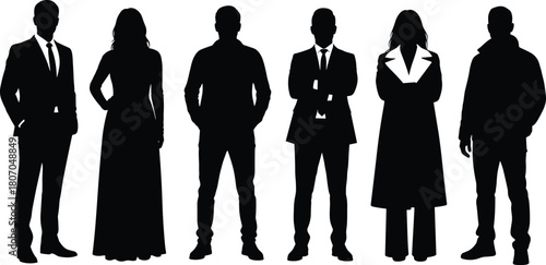 Flat vector illustration of diverse standing people silhouettes, fashion posture icons, male and female clothing styles, social role reference