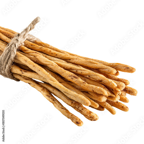 Twisted grissini breadsticks tied together with twine