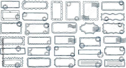 Collection of Various Hand Drawn Postage Stamp Frames and Mailing Labels