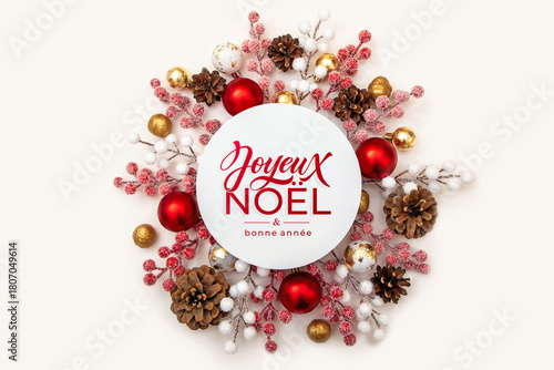 Joyeux noel and Bonee Annee. French Merry Christmas Modern calligraphy lettering on sticker for season greetings. Greeting card, frame, and banner. Holidays design.