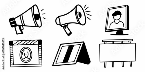 Illustration of two megaphones, a clapperboard, two signs, and a monitor with a person on screen on transparent background