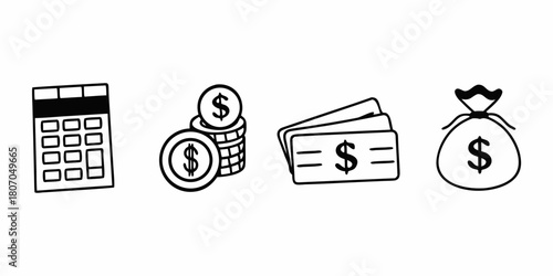 Illustration of a calculator, coins, money, and a money bag representing financial elements and tools on transparent background