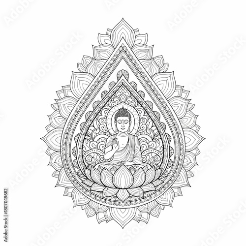 Intricate black and white illustration of a seated Buddha figure within an elaborate floral design.