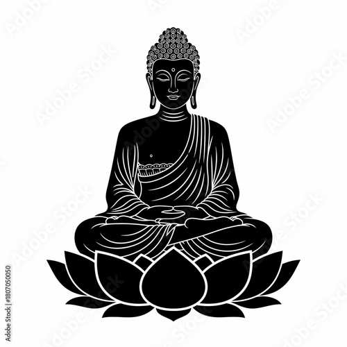 Black and white illustration of Buddha meditating in lotus position on a lotus flower.