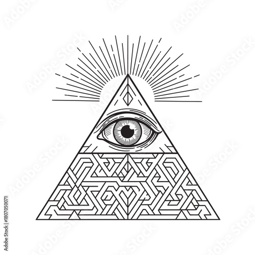 An eye within a triangle, with a maze below, and sun rays above.