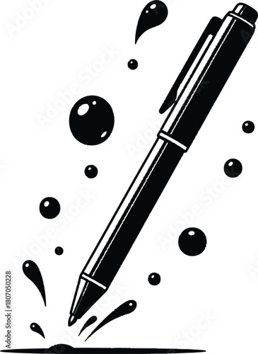 Elegant black pen with dynamic ink droplets on a clean white background