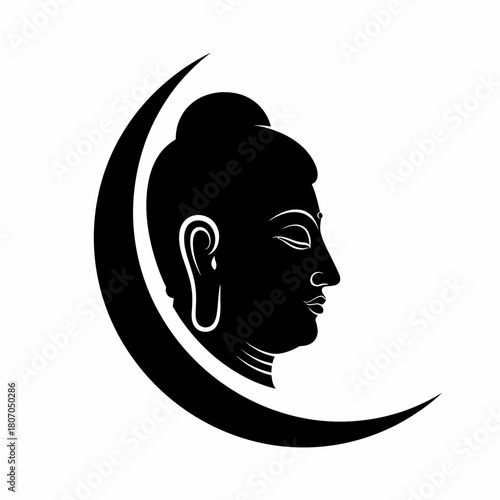 Silhouette of Buddha's head in profile, surrounded by a crescent moon shape, depicted in black and white.