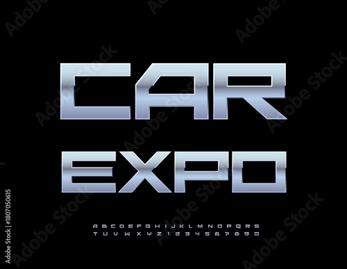 Vector Techno logo Auto Expo. Modern Metallic Font. Cool Silver Alphabet Letters and Numbers set.