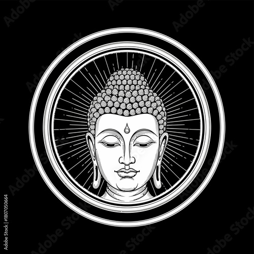 A serene head of Gautama Buddha with an urna and ushnisha, framed in a circle with light rays on a black background.