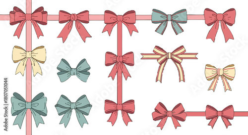 Charming collection of whimsical hand-drawn bows and ribbons for festive decorations