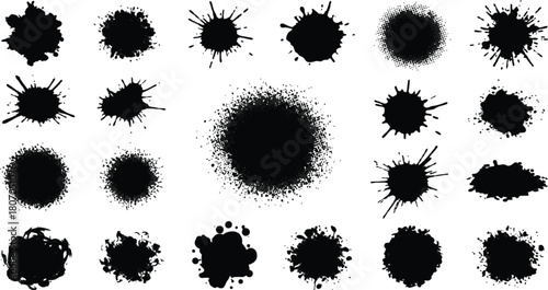 Collection of diverse black ink splatters and stains isolated on white background