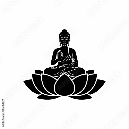 Black silhouette of Buddha meditating peacefully in a traditional pose, seated upon an elegant lotus flower, symbolizing purity and enlightenment.