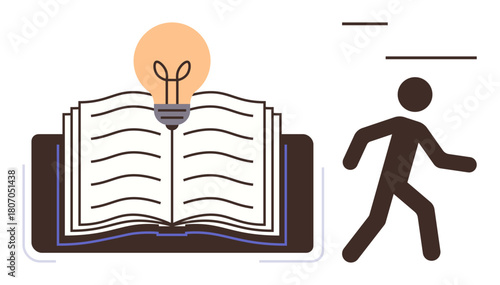 Open book with glowing lightbulb symbolizing knowledge and ideas, alongside walking figure conveying action. Ideal for innovation, learning, education, growth, creativity, motivation, and strategy