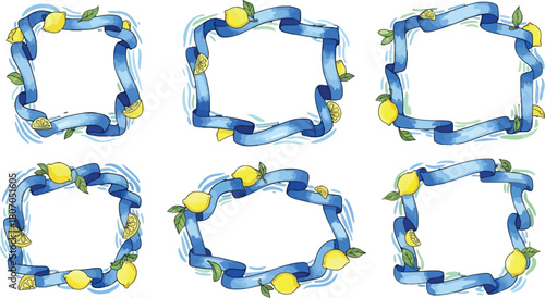 Cheerful Lemon and Blue Ribbon Frames for Summer Stationery Design