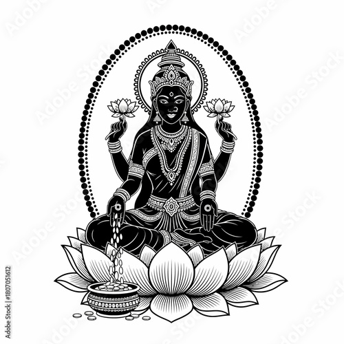 Intricate black and white illustration of the Hindu goddess Lakshmi, seated in lotus pose.